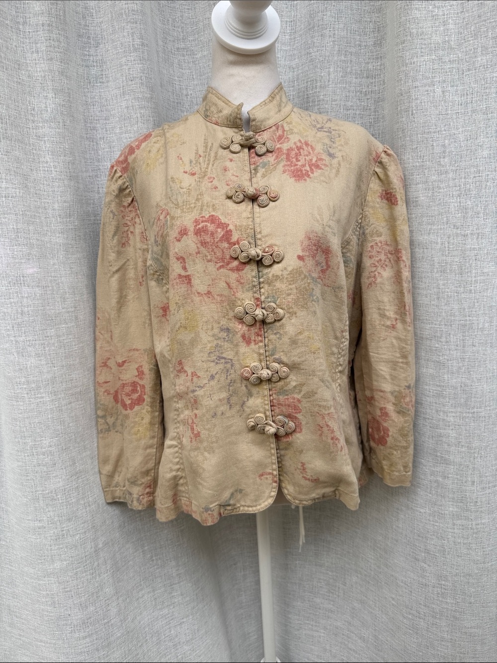 2000s Ralph Lauren linen high neck faded rose print blouse jacket
